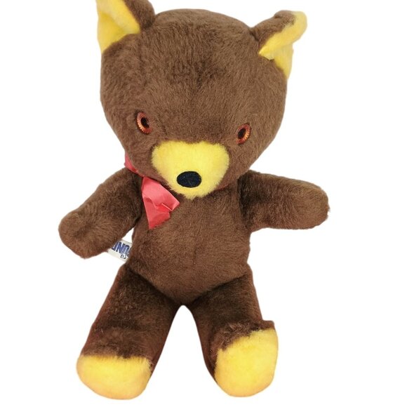 Vintage Gund 70s Brown Teddy Bear With Yellow Accents Nose Ears Feet‎ Red Ribbon - Picture 1 of 6
